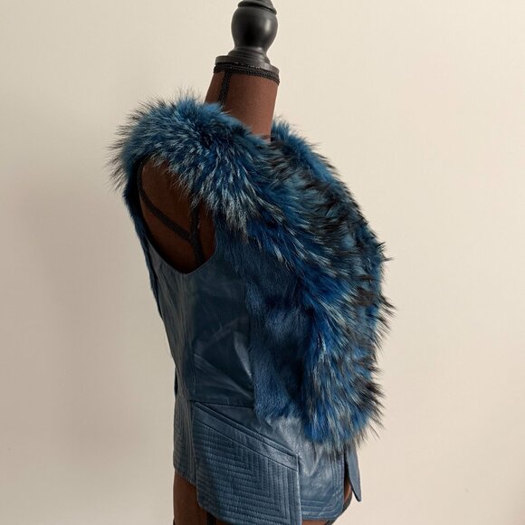 NWOT Blue Leather Vest Real Fox Fur S size - Picture 1 of 15